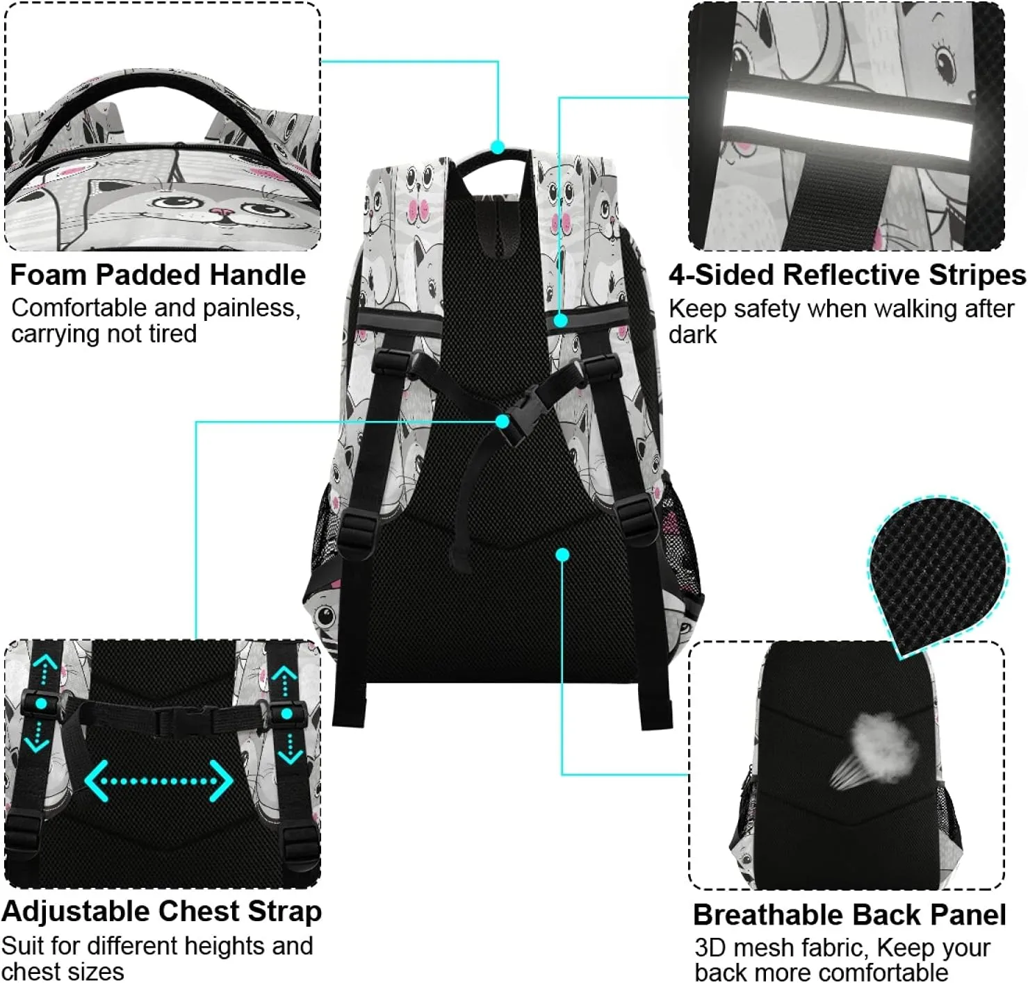 xigua Cute Cats Pattern Print Backpack Casual Daypacks Outdoor Sports Rucksack School Shoulder Bag for Boys Girls Teens
