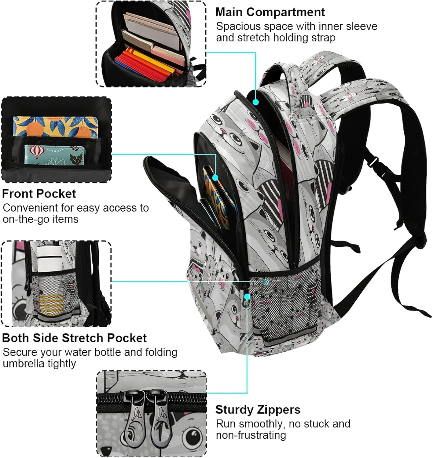 xigua Cute Cats Pattern Print Backpack Casual Daypacks Outdoor Sports Rucksack School Shoulder Bag for Boys Girls Teens