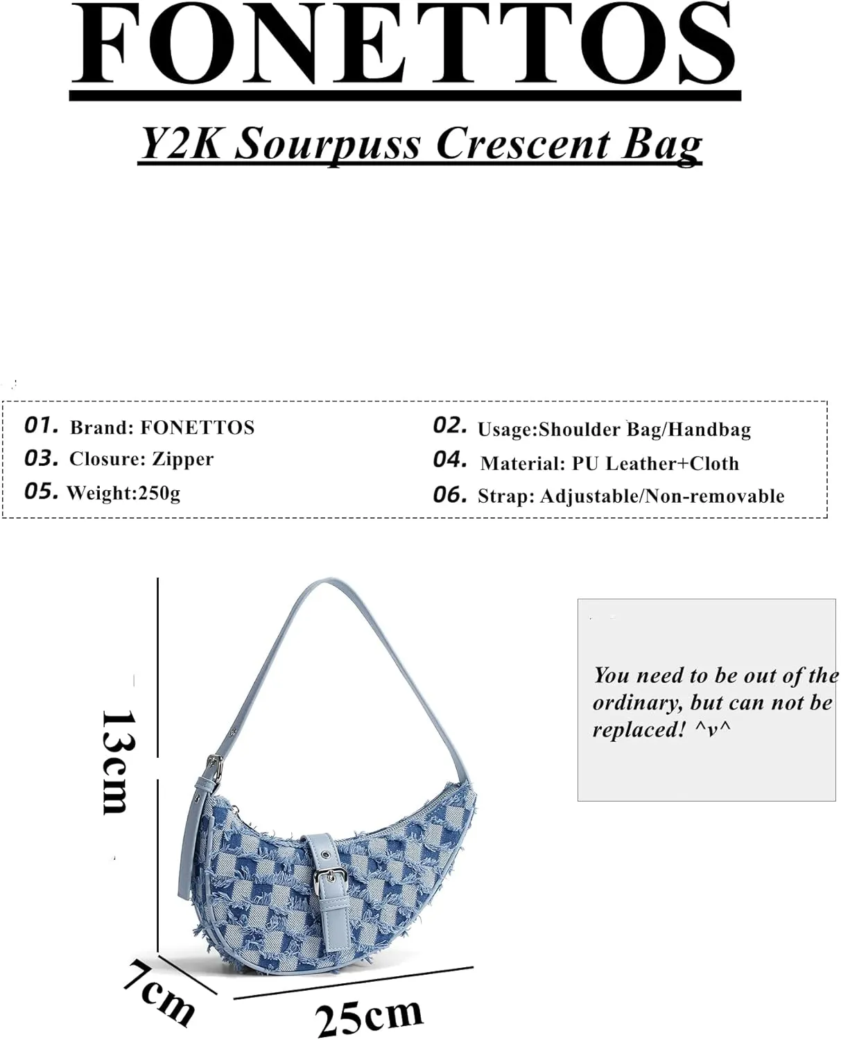 Y2K Saddle Hobo Bag, Women Shoulder Purse Moon Bag Handbag Fashion for Girls