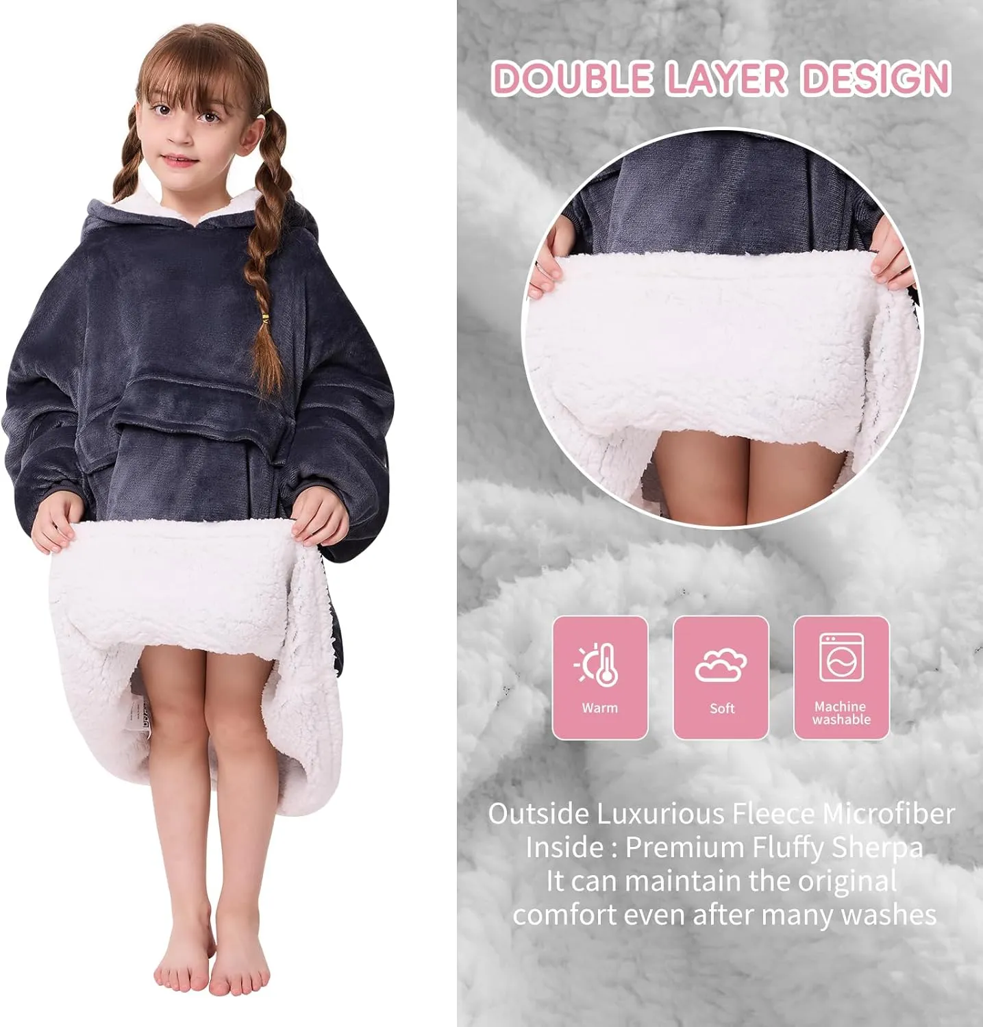 yescool Wearable Blanket Hoodie Kids, Oversized Blanket Sweatshirt with Sherpa Teen Girl Gifts for Kids, Youth, Boys, Girls, 8-15 Year Old Girl Boy Gift Warm Teen Wearable Blankets, One Size, Grey
