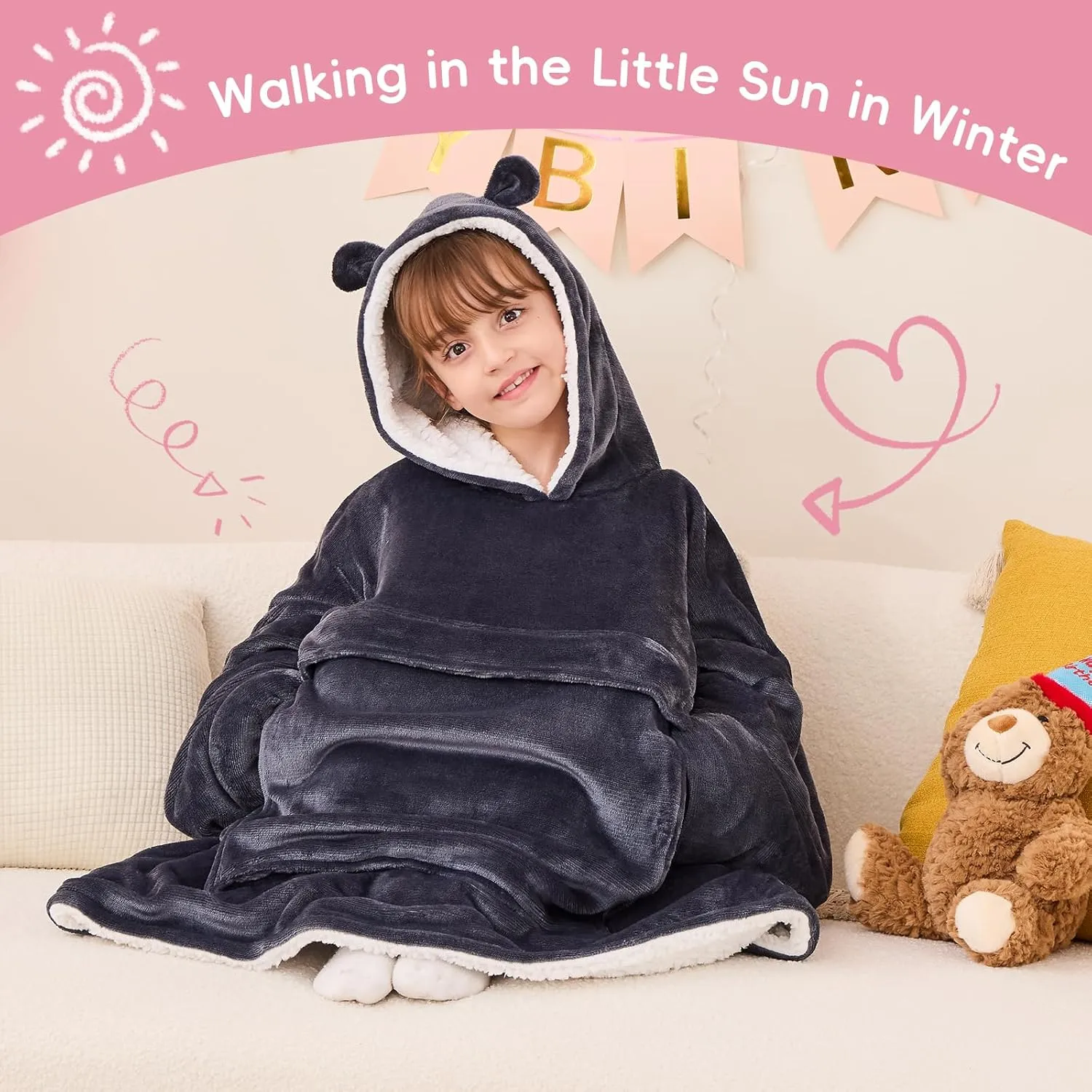 yescool Wearable Blanket Hoodie Kids, Oversized Blanket Sweatshirt with Sherpa Teen Girl Gifts for Kids, Youth, Boys, Girls, 8-15 Year Old Girl Boy Gift Warm Teen Wearable Blankets, One Size, Grey