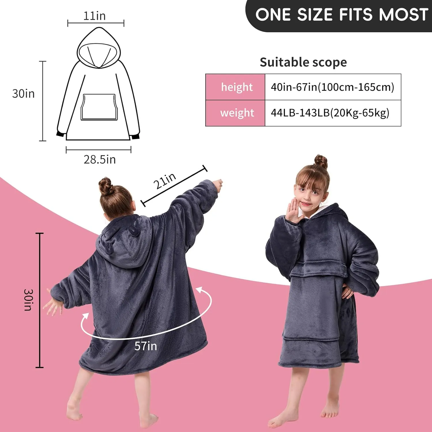 yescool Wearable Blanket Hoodie Kids, Oversized Blanket Sweatshirt with Sherpa Teen Girl Gifts for Kids, Youth, Boys, Girls, 8-15 Year Old Girl Boy Gift Warm Teen Wearable Blankets, One Size, Grey