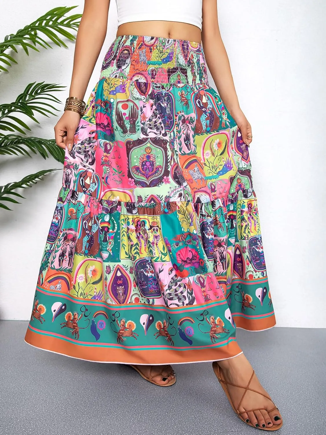 YHYJMY Women's Boho Skirt Elastic High Waist Pleated A-Line Flared Maxi Skirts Womens Flowy Long Skirts
