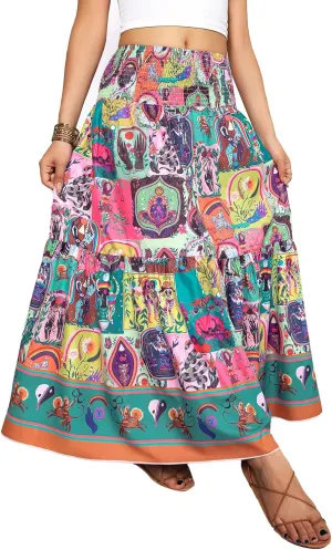 YHYJMY Women's Boho Skirt Elastic High Waist Pleated A-Line Flared Maxi Skirts Womens Flowy Long Skirts