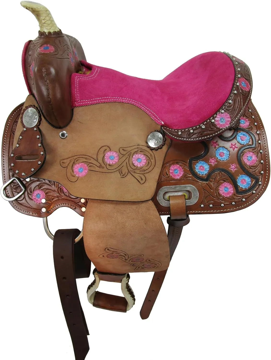 Youth Western Saddle Kids Trail Pleasure Horse Barrel Racing Tooled Leather Tack Set 10 12 13