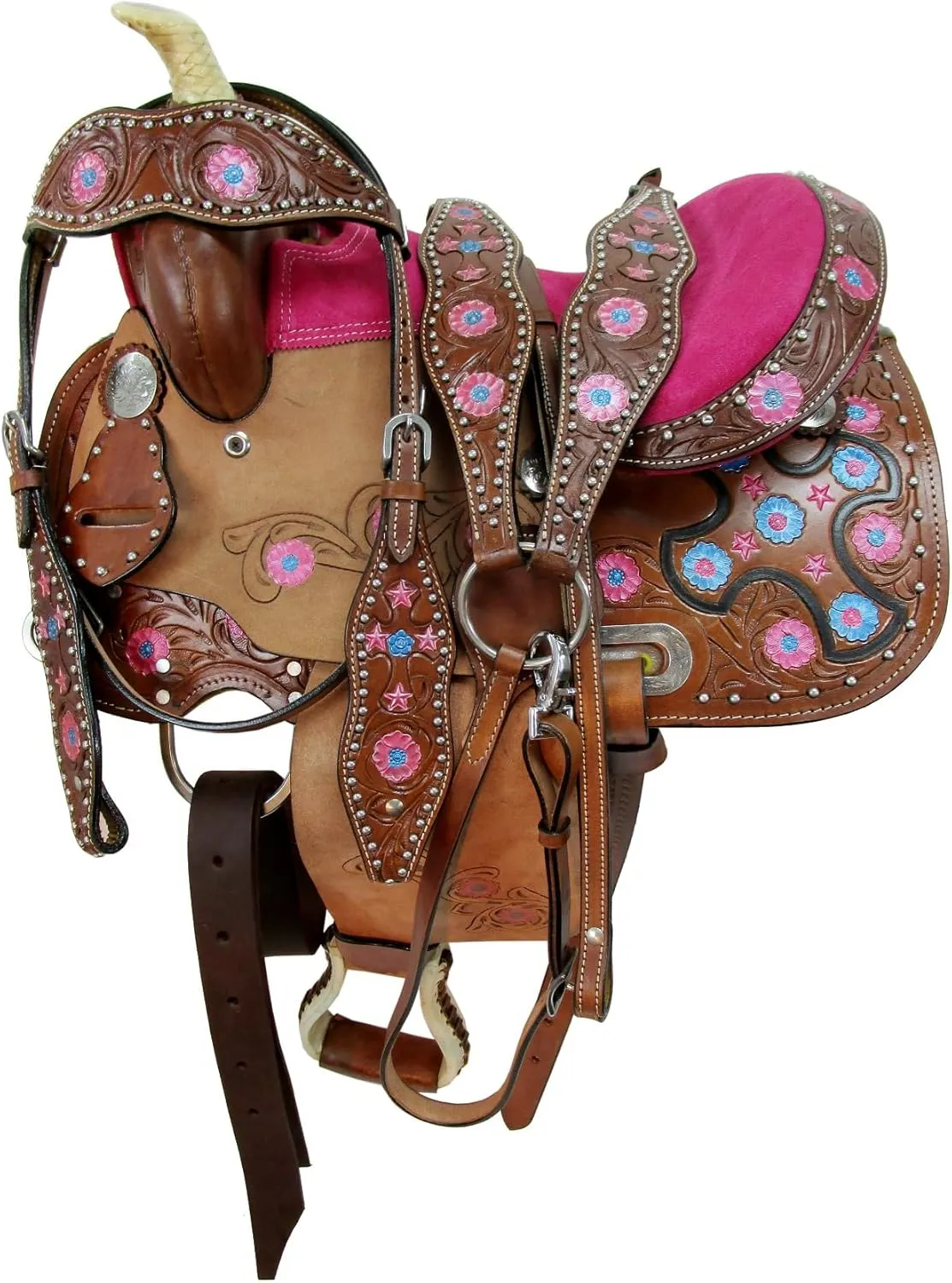 Youth Western Saddle Kids Trail Pleasure Horse Barrel Racing Tooled Leather Tack Set 10 12 13