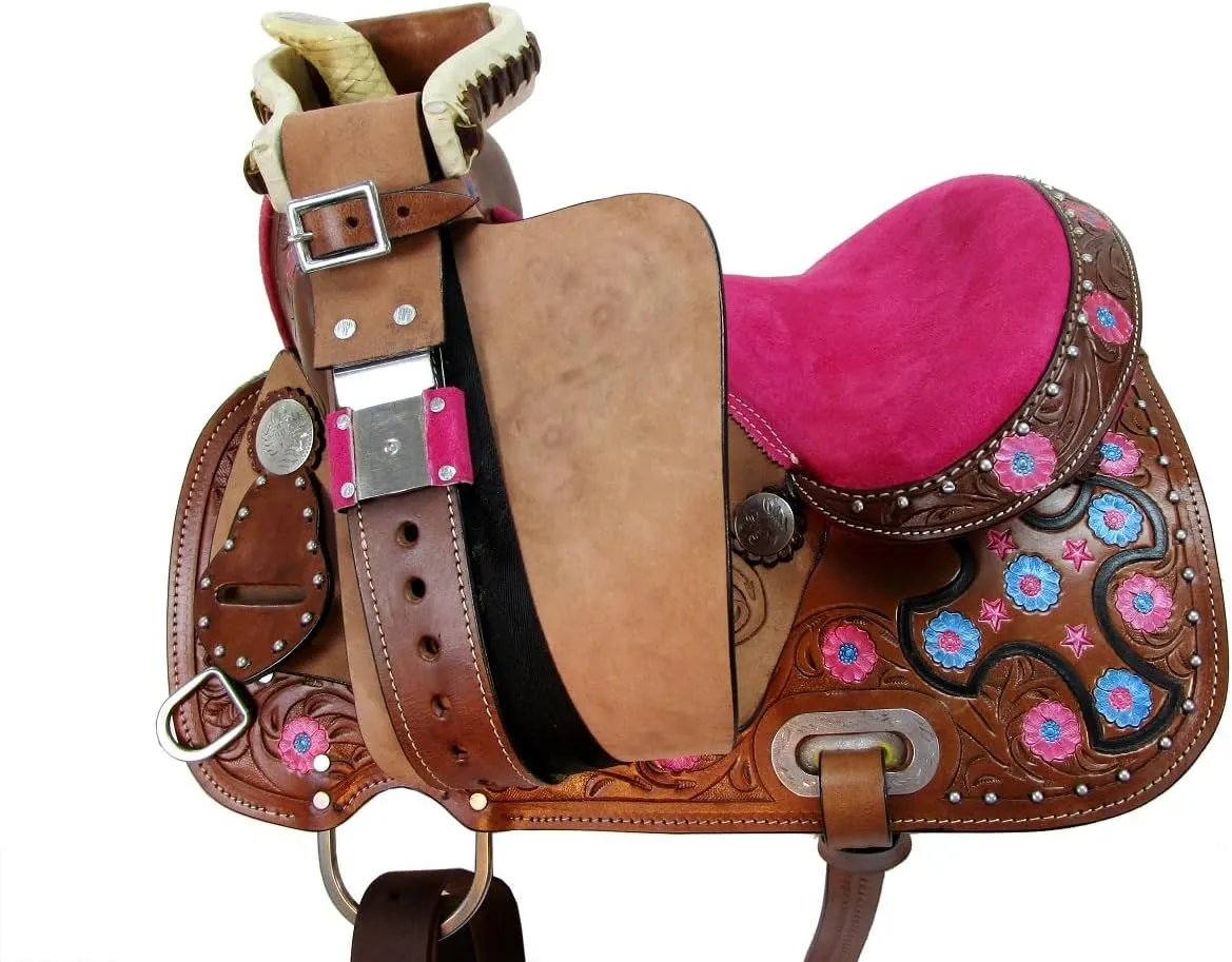 Youth Western Saddle Kids Trail Pleasure Horse Barrel Racing Tooled Leather Tack Set 10 12 13