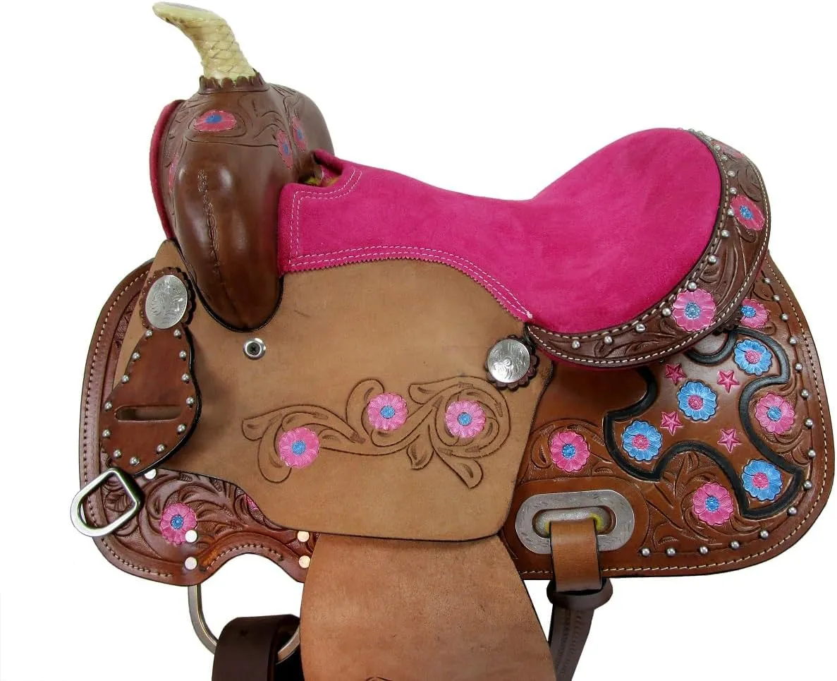 Youth Western Saddle Kids Trail Pleasure Horse Barrel Racing Tooled Leather Tack Set 10 12 13