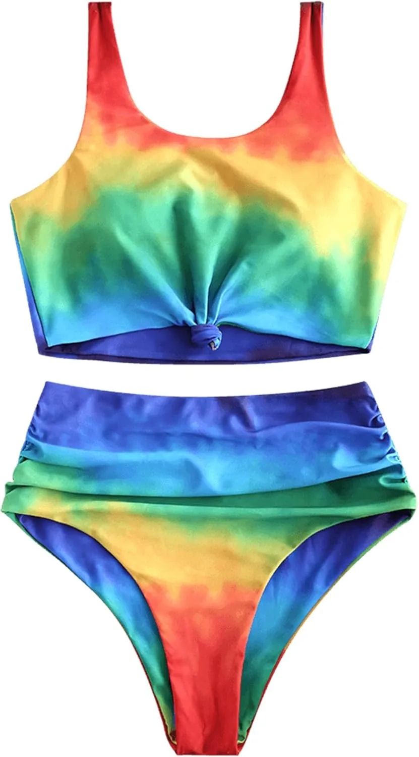 ZAFUL Women's High Waisted Tankini Swimsuit Scoop Neck Ruched Bikini Set Tummy Control Knot Two Pieces Bathing Suit