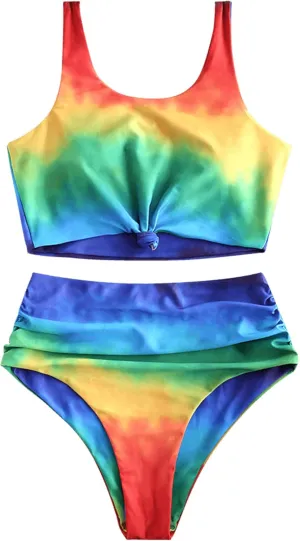 ZAFUL Women's High Waisted Tankini Swimsuit Scoop Neck Ruched Bikini Set Tummy Control Knot Two Pieces Bathing Suit