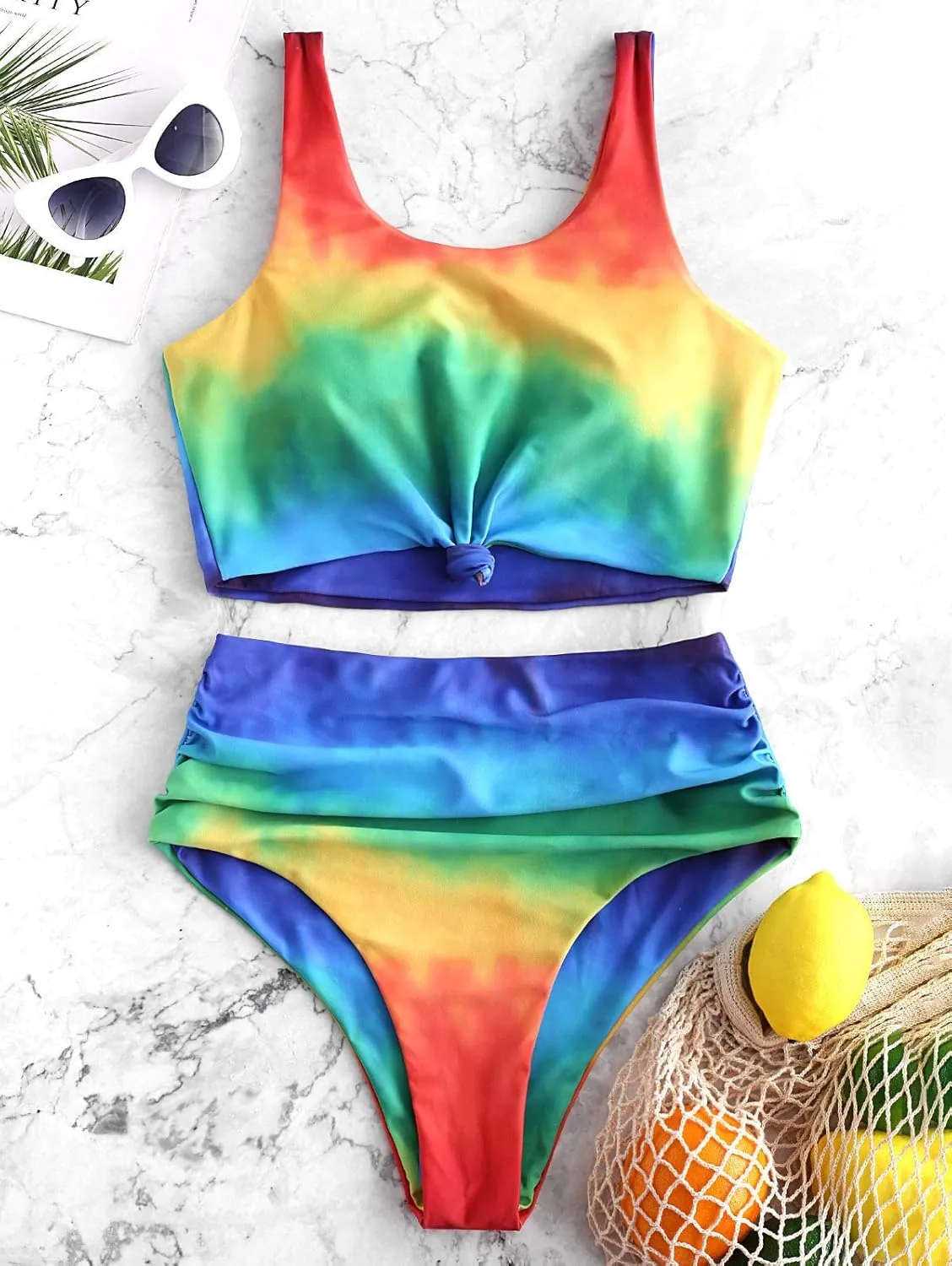 ZAFUL Women's High Waisted Tankini Swimsuit Scoop Neck Ruched Bikini Set Tummy Control Knot Two Pieces Bathing Suit