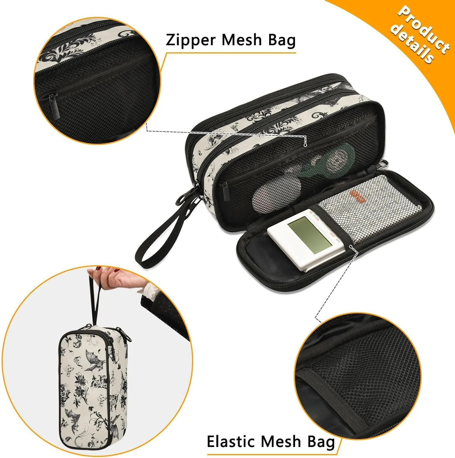 ZAZYXTJ Goth Bat Large Capacity Pencil Case 3 Compartment Pen Pouch Storage Canvas Makeup Bag for School Office Teen Girl Boy Men Women