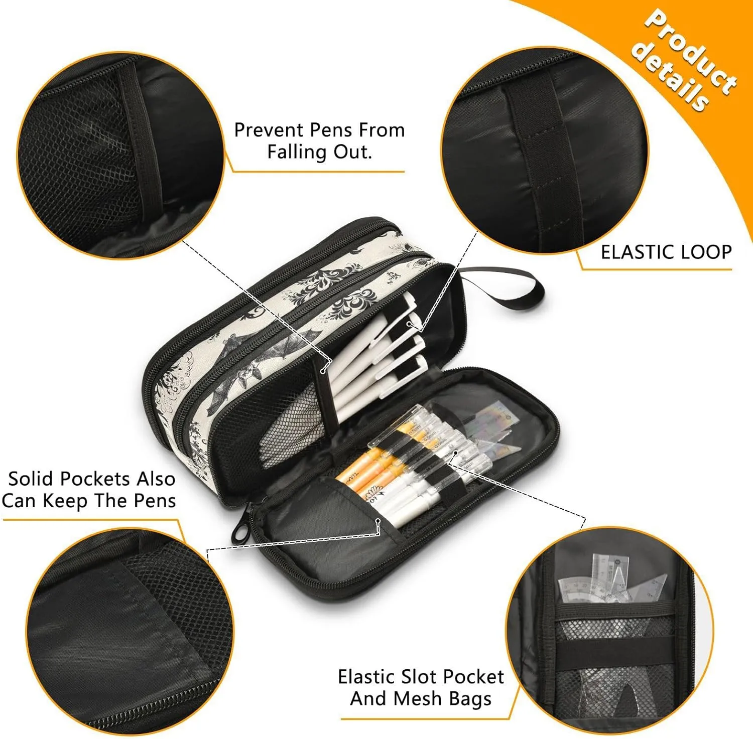 ZAZYXTJ Goth Bat Large Capacity Pencil Case 3 Compartment Pen Pouch Storage Canvas Makeup Bag for School Office Teen Girl Boy Men Women