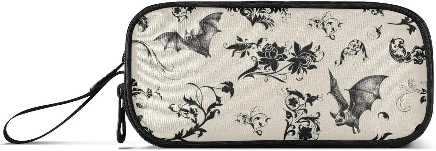 ZAZYXTJ Goth Bat Large Capacity Pencil Case 3 Compartment Pen Pouch Storage Canvas Makeup Bag for School Office Teen Girl Boy Men Women