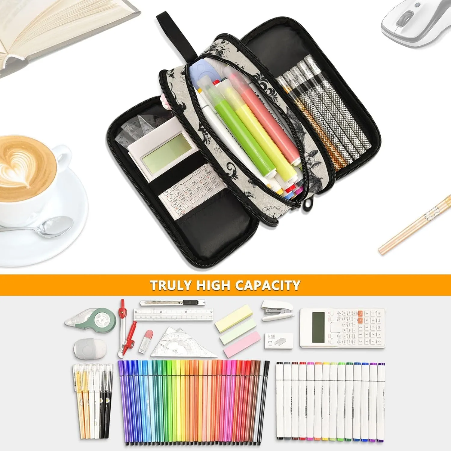 ZAZYXTJ Goth Bat Large Capacity Pencil Case 3 Compartment Pen Pouch Storage Canvas Makeup Bag for School Office Teen Girl Boy Men Women