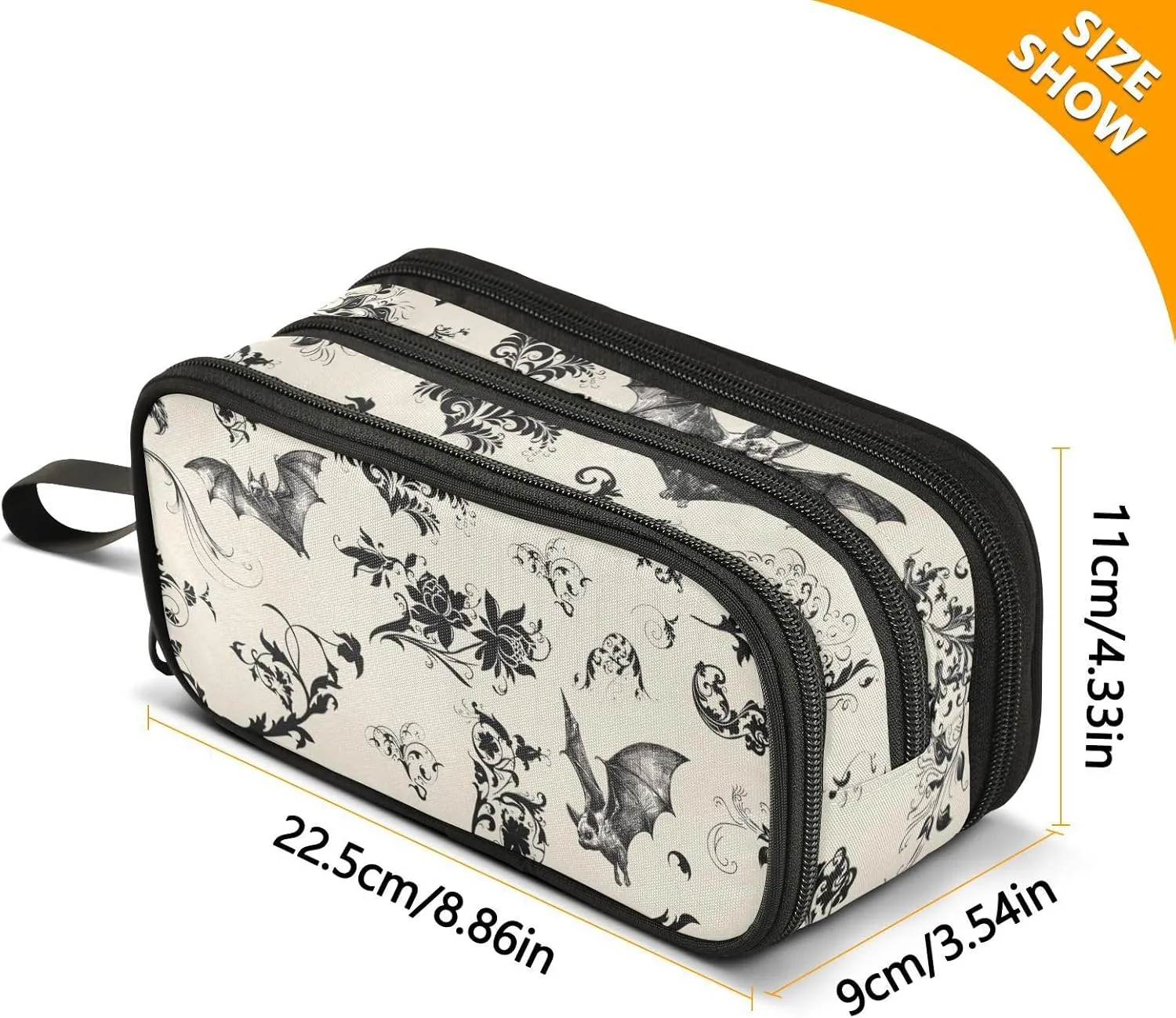 ZAZYXTJ Goth Bat Large Capacity Pencil Case 3 Compartment Pen Pouch Storage Canvas Makeup Bag for School Office Teen Girl Boy Men Women