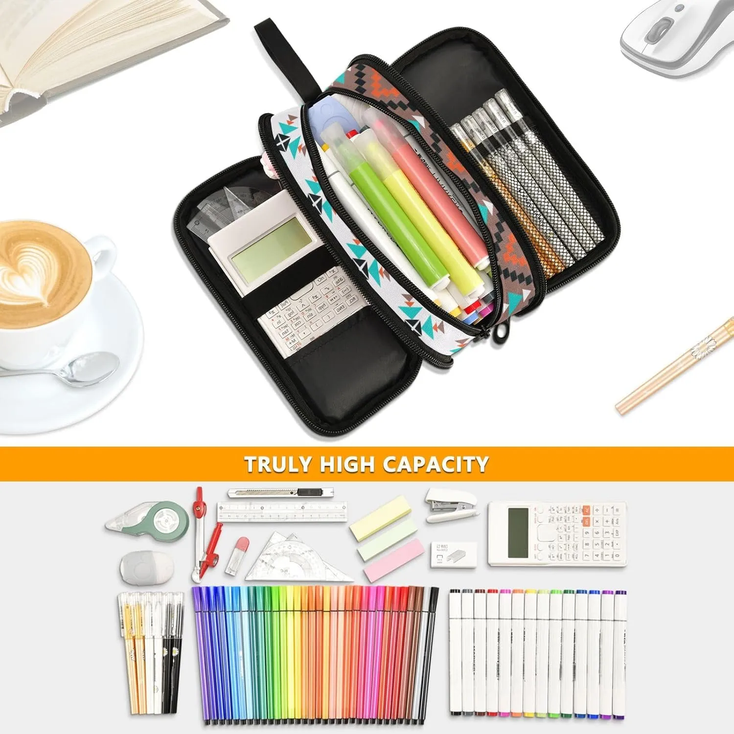 ZAZYXTJ Western Aztec Large Capacity Pencil Case 3 Compartment Pen Pouch Storage Canvas Makeup Bag for School Office Teen Girl Boy Men Women