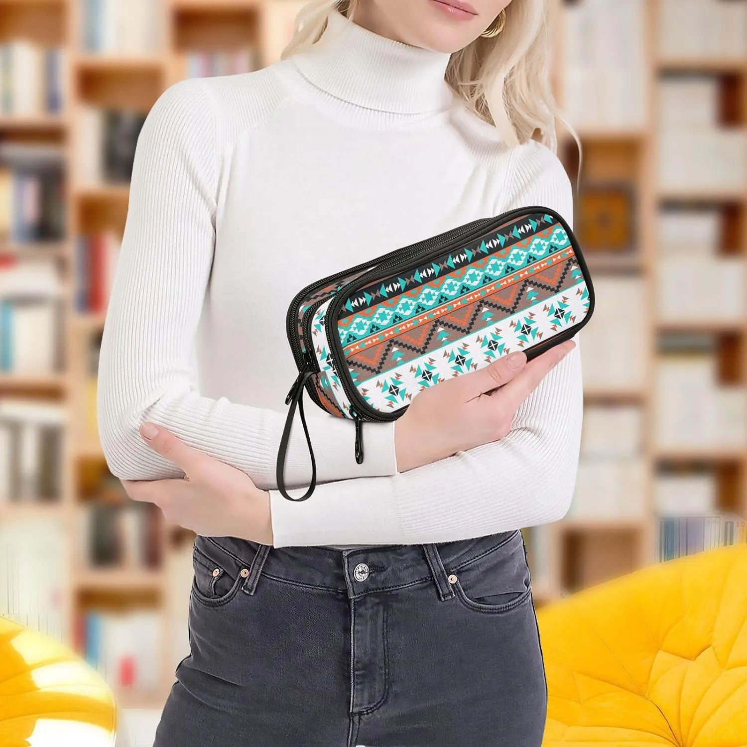 ZAZYXTJ Western Aztec Large Capacity Pencil Case 3 Compartment Pen Pouch Storage Canvas Makeup Bag for School Office Teen Girl Boy Men Women