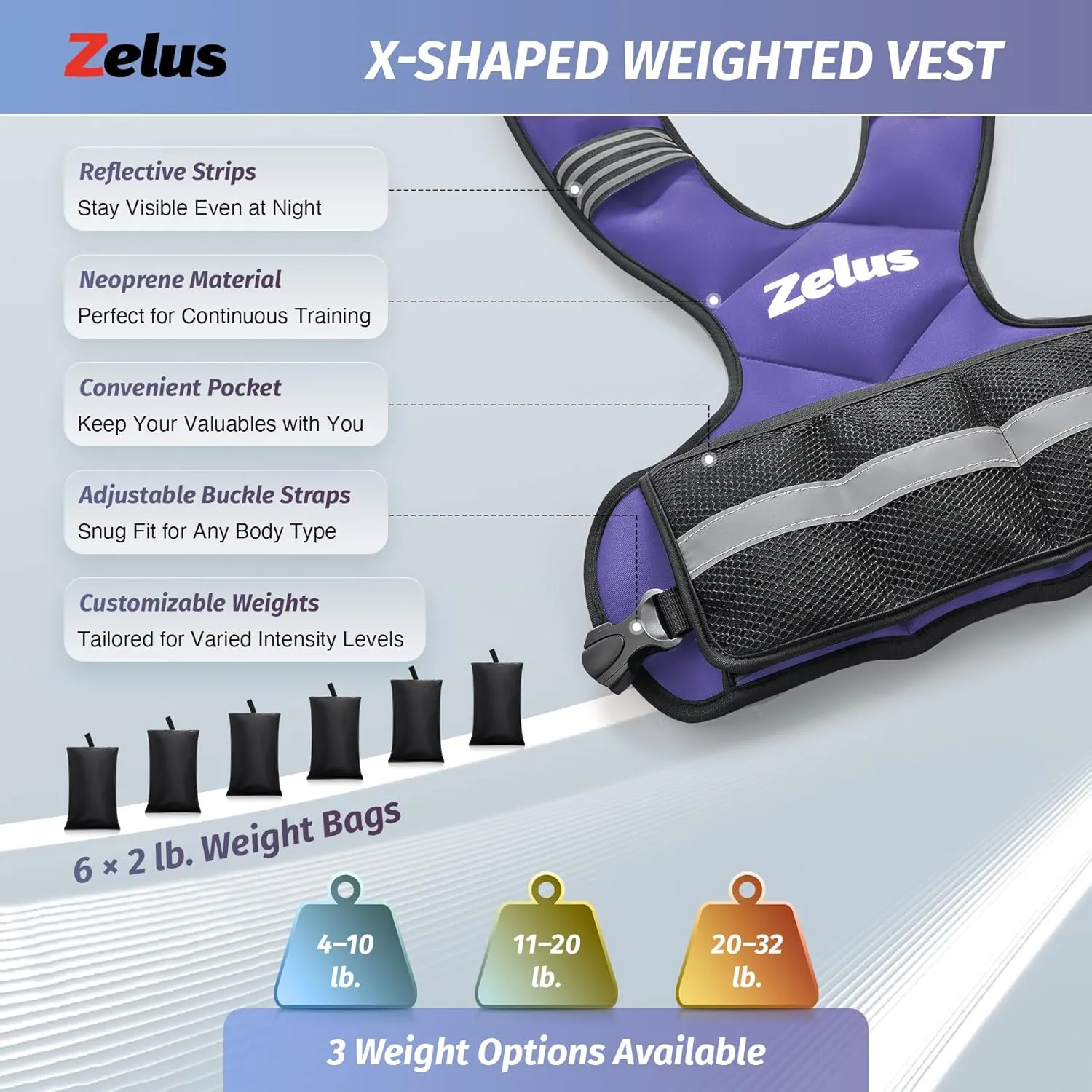 ZELUS Weighted Vest for Men and Women | 4-10lb/11-20lb/20-32lb Vest with 6 Ironsand Weights for Home Workouts | Adjustable Body Weight Vest Exercise Set for Cardio and Strength Training