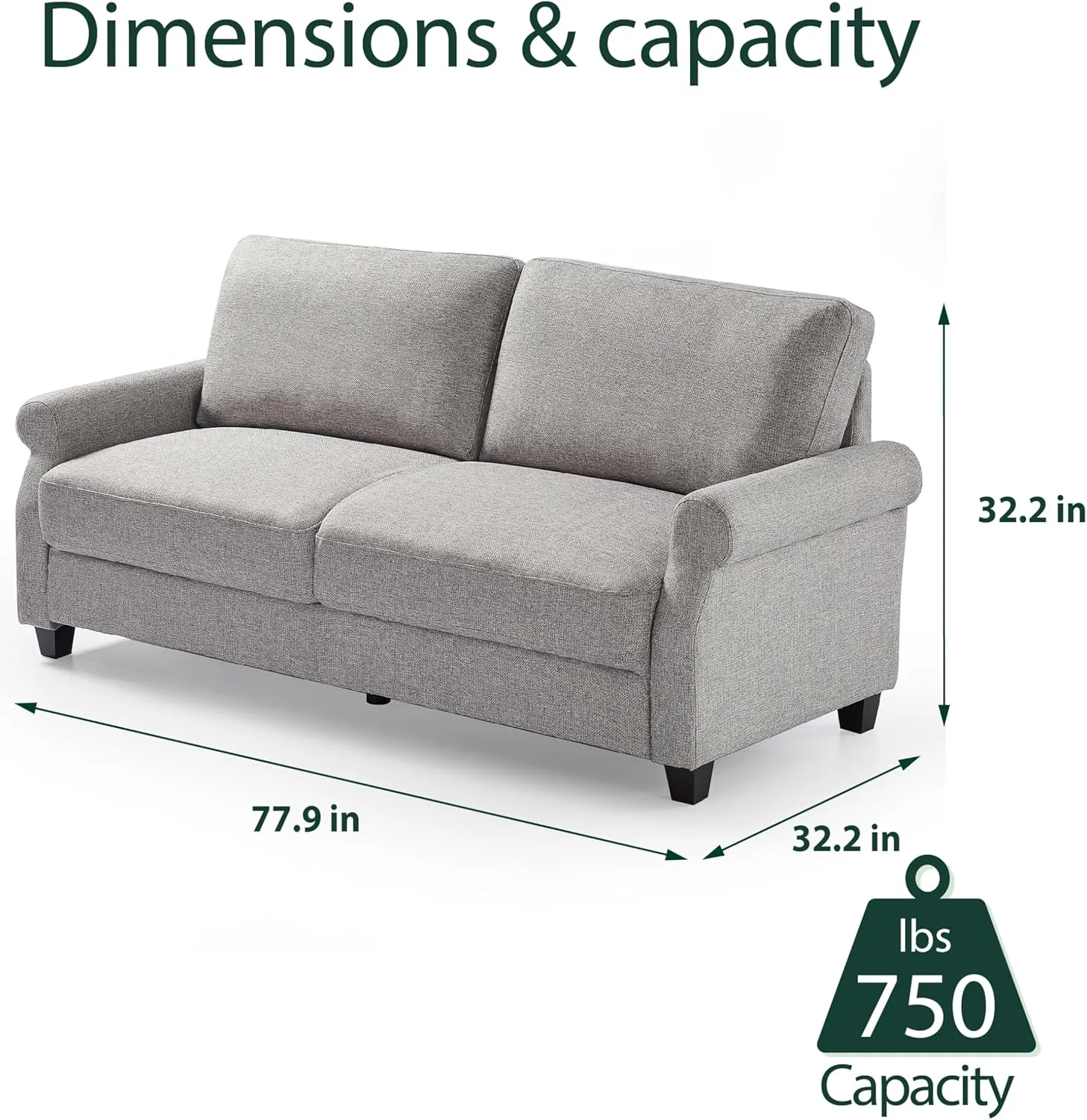 ZINUS Josh Sofa Couch, Easy, Tool-Free Assembly, Soft Grey