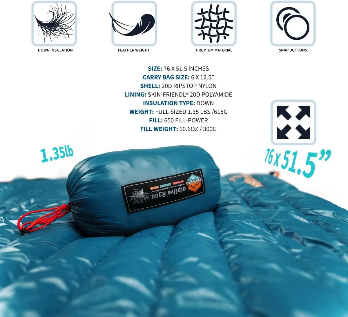 ZOOOBELIVES Ultralight Down Camping Blanket - 1.35lbs, 650 Fill Power Puffy Quilt. Compact & Warm Comforter for Travel, Beach, Hammock, Backpacking - Elevate Your Outdoor Comfort - AlpliveR300